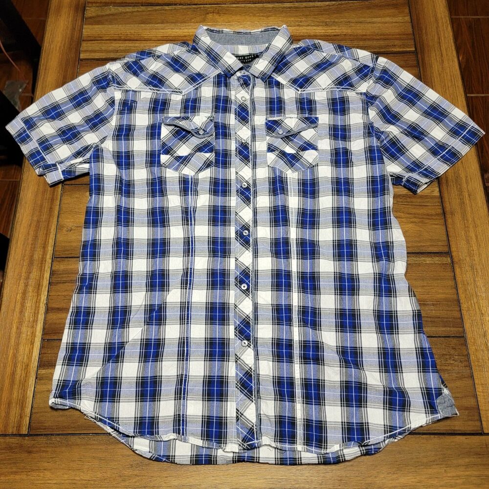 Marc Ecko Cut & Sew SS Blue & White Plaid Pearl Snaps Western Shirt - Size 2XL